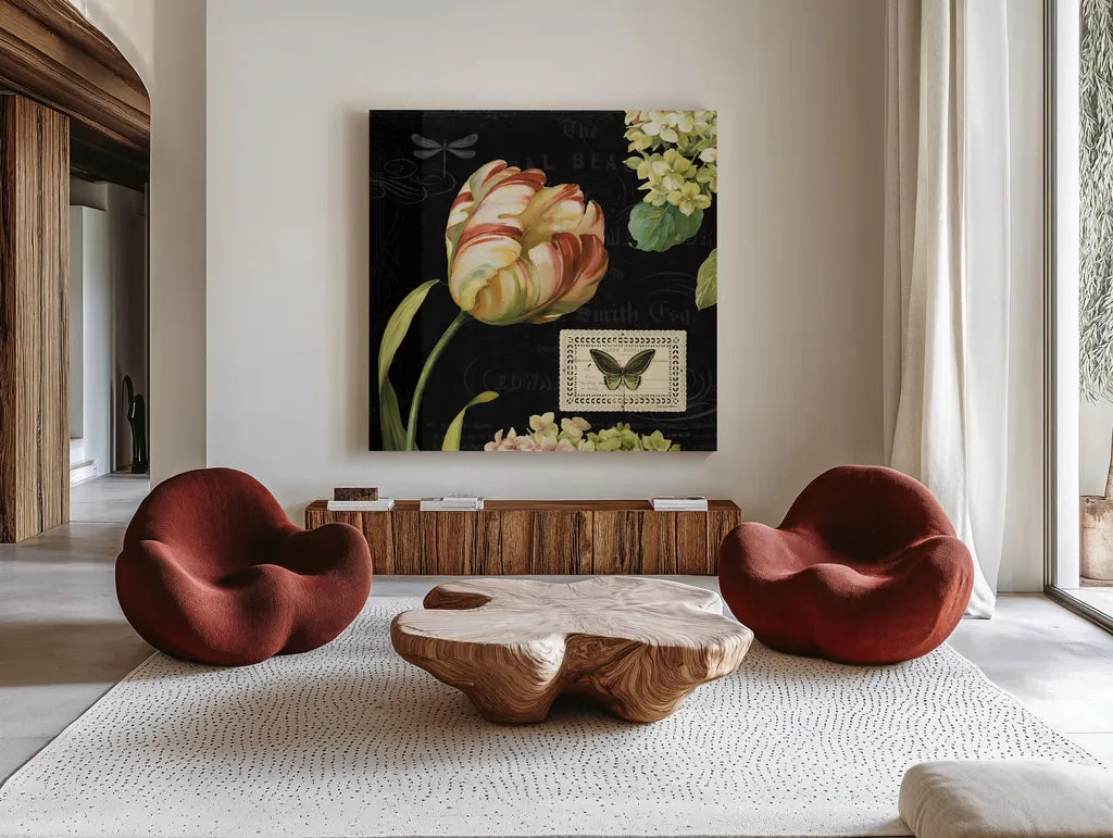 Mothers Treasures I Dark by Lisa Audit. Shown as extra-large giant wall art in a modern living room. Available as an archival giclee rolled canvas, fine art paper, or poster print. SKU 28208a.