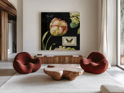 Mothers Treasures I Dark by Lisa Audit. Shown as extra-large giant wall art in a modern living room. Available as an archival giclee rolled canvas, fine art paper, or poster print. SKU 28208a.