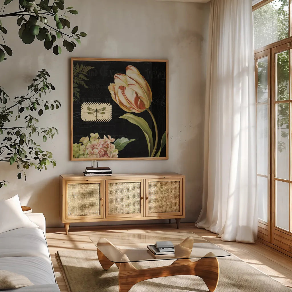 Mothers Treasures II Dark by Lisa Audit. Shown in a natural wood frame in a cozy modern living room. Available as an archival giclee rolled canvas, fine art paper, or poster print. SKU 28207a.