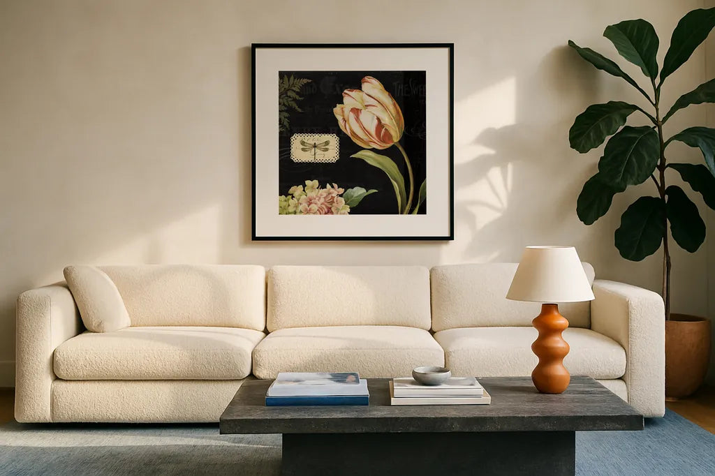 Mothers Treasures II Dark by Lisa Audit. Displayed in a glass frame with matte in a clean modern living room. Available as an archival giclee rolled canvas, fine art paper, or poster print. SKU 28207a.