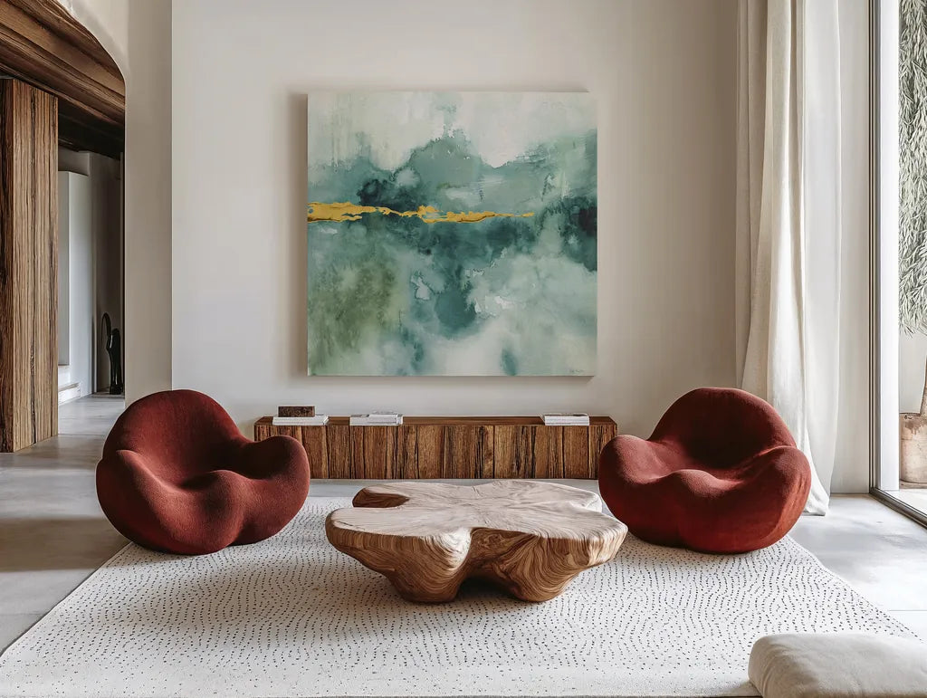 My Greehouse Abstract I Crop Blue by Lisa Audit. Shown as extra-large giant wall art in a modern living room. Available as an archival giclee rolled canvas, fine art paper, or poster print. SKU 20887a.