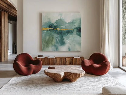 My Greehouse Abstract I Crop Blue by Lisa Audit. Shown as extra-large giant wall art in a modern living room. Available as an archival giclee rolled canvas, fine art paper, or poster print. SKU 20887a.