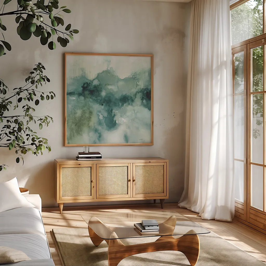 My Greenhouse Abstract I Crop Blue NG by Lisa Audit. Shown in a natural wood frame in a cozy modern living room. Available as an archival giclee rolled canvas, fine art paper, or poster print. SKU 32120a.