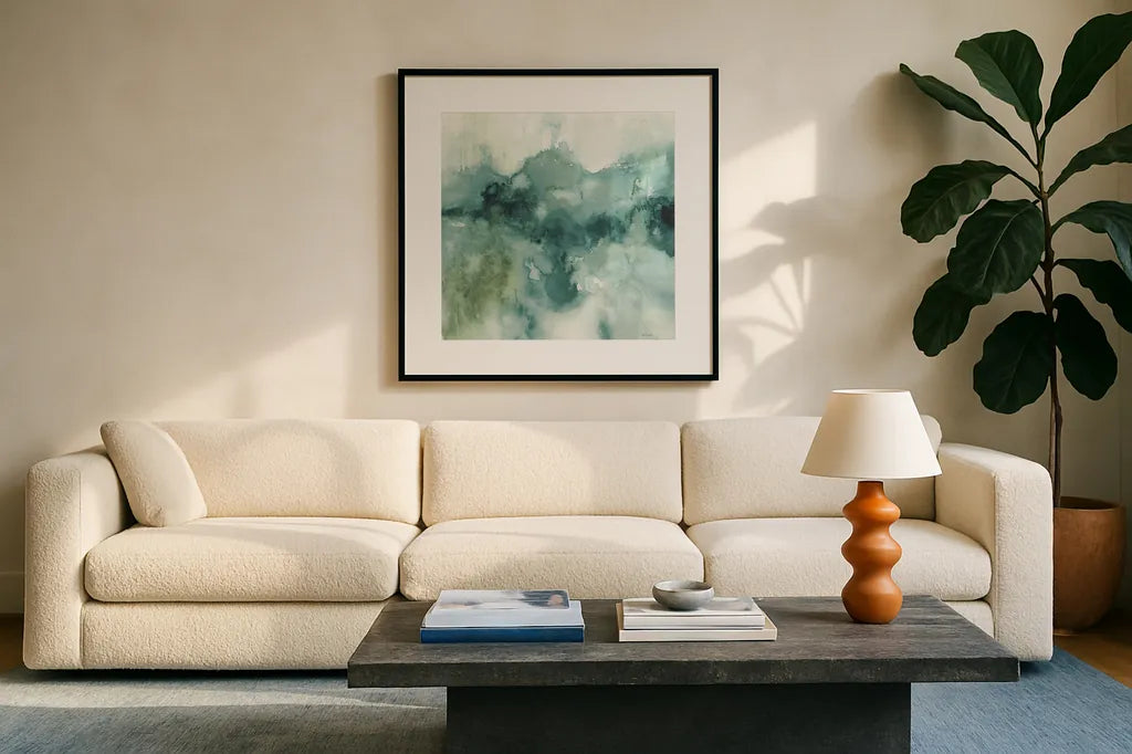 My Greenhouse Abstract I Crop Blue NG by Lisa Audit. Displayed in a glass frame with matte in a clean modern living room. Available as an archival giclee rolled canvas, fine art paper, or poster print. SKU 32120a.