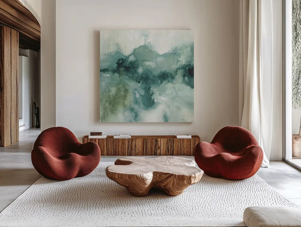 My Greenhouse Abstract I Crop Blue NG by Lisa Audit. Shown as extra-large giant wall art in a modern living room. Available as an archival giclee rolled canvas, fine art paper, or poster print. SKU 32120a.