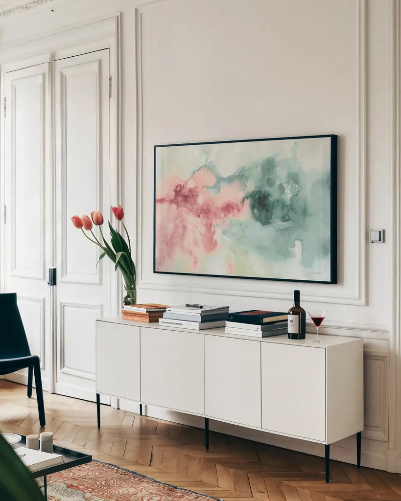 My Greenhouse Abstract I Pink by Lisa Audit. shown as a framed stretched canvas in a living room above a console. Available as a archival giclee rolled canvas, fine art paper, or poster print. SKU 48721i.