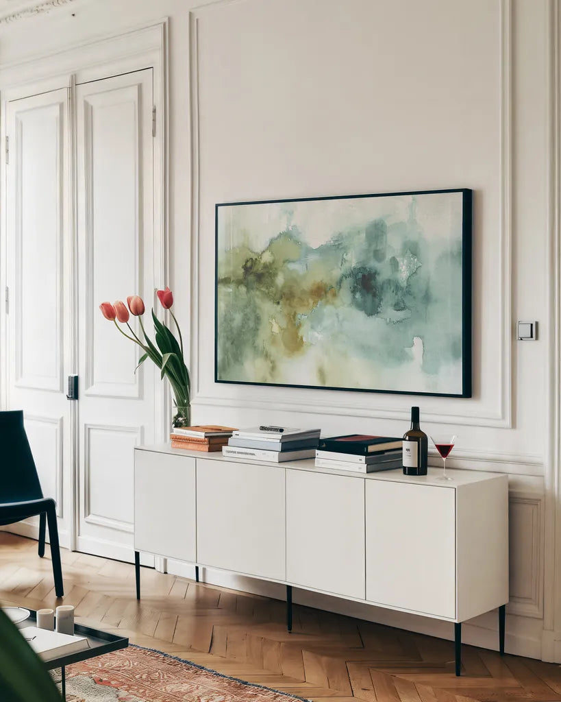 My Greenhouse Abstract I no Gold by Lisa Audit. shown as a framed stretched canvas in a living room above a console. Available as a archival giclee rolled canvas, fine art paper, or poster print. SKU 32086i.