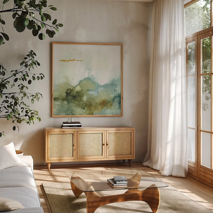My Greenhouse Abstract III by Lisa Audit. Shown in a natural wood frame in a cozy modern living room. Available as an archival giclee rolled canvas, fine art paper, or poster print. SKU 22226a.
