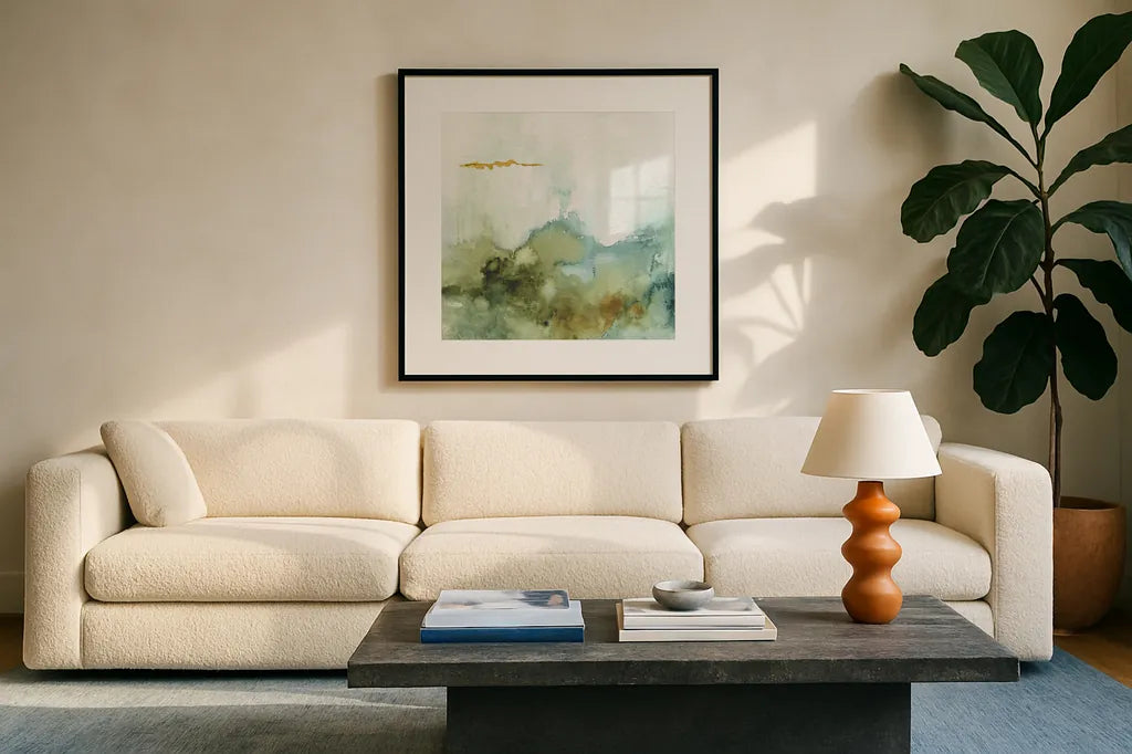 My Greenhouse Abstract III by Lisa Audit. Displayed in a glass frame with matte in a clean modern living room. Available as an archival giclee rolled canvas, fine art paper, or poster print. SKU 22226a.