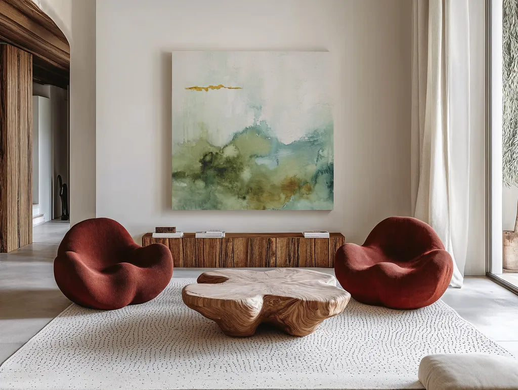 My Greenhouse Abstract III by Lisa Audit. Shown as extra-large giant wall art in a modern living room. Available as an archival giclee rolled canvas, fine art paper, or poster print. SKU 22226a.