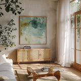 My Greenhouse Abstract IV by Lisa Audit. Shown in a natural wood frame in a cozy modern living room. Available as an archival giclee rolled canvas, fine art paper, or poster print. SKU 20403a.
