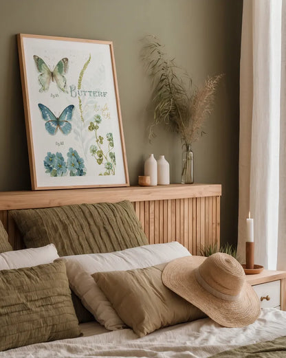 My Greenhouse Botanical Butterfly by Lisa Audit. shown as a paper print in a natural frame. Available as a archival giclee rolled canvas, fine art paper, or poster print. SKU 63182h.