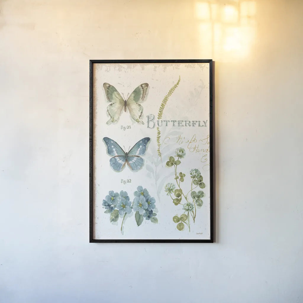 My Greenhouse Botanical Butterfly by Lisa Audit. shown as a paper print in a black flame. Available as a archival giclee rolled canvas, fine art paper, or poster print. SKU 63182h.