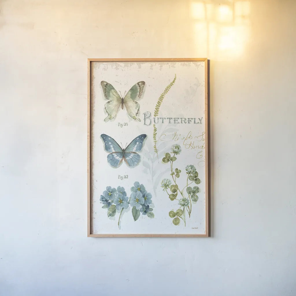 My Greenhouse Botanical Butterfly by Lisa Audit. shown as a paper print in a natural frame. Available as a archival giclee rolled canvas, fine art paper, or poster print. SKU 63182h.