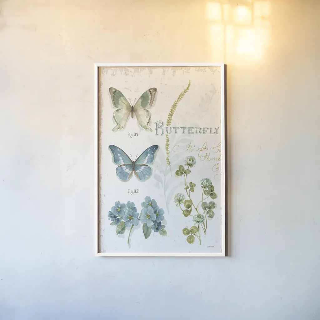My Greenhouse Botanical Butterfly by Lisa Audit. shown as a paper print in a white frame. Available as a archival giclee rolled canvas, fine art paper, or poster print. SKU 63182h.