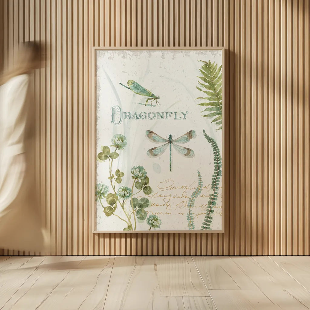 My Greenhouse Botanical Dragonfly by Lisa Audit. shown as over sized large wall art. Available as an archival giclee rolled canvas, fine art paper, or poster print. SKU 63181h.