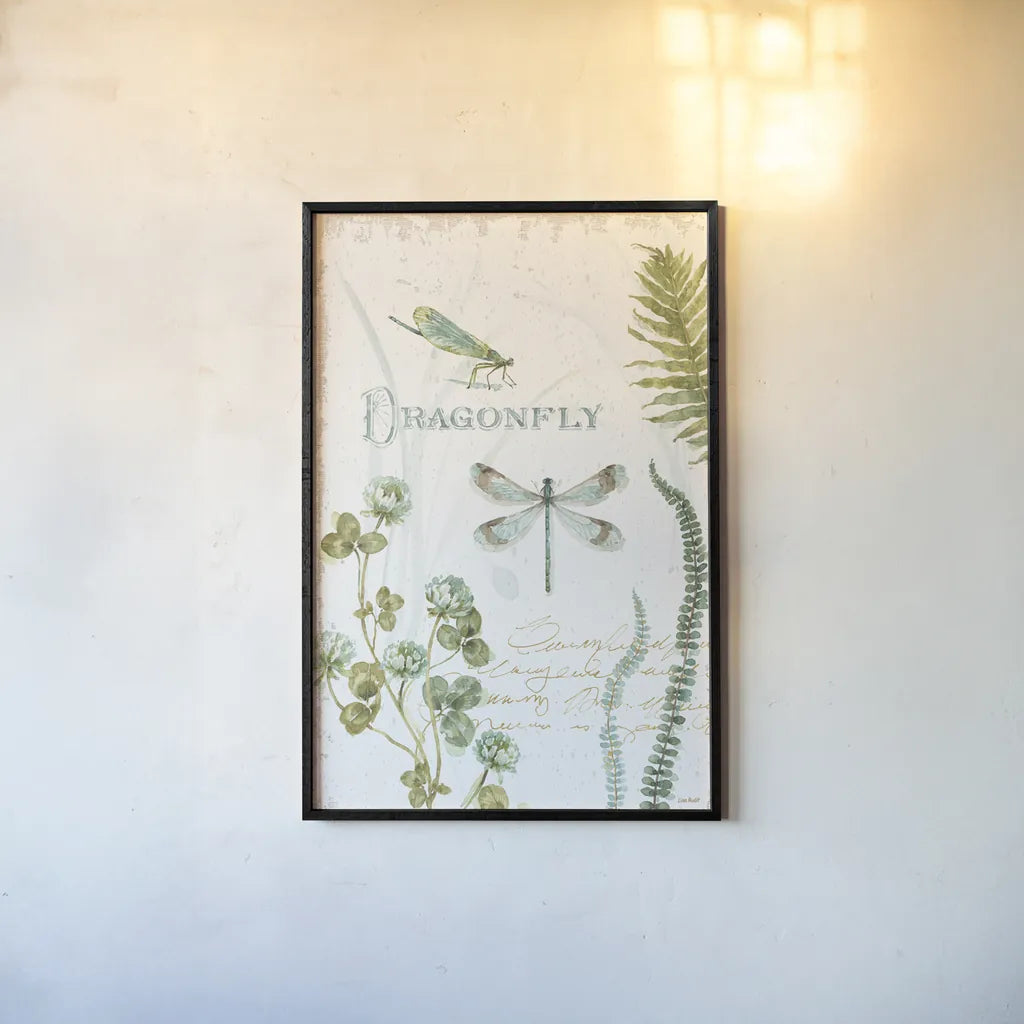 My Greenhouse Botanical Dragonfly by Lisa Audit. shown as a paper print in a black flame. Available as a archival giclee rolled canvas, fine art paper, or poster print. SKU 63181h.