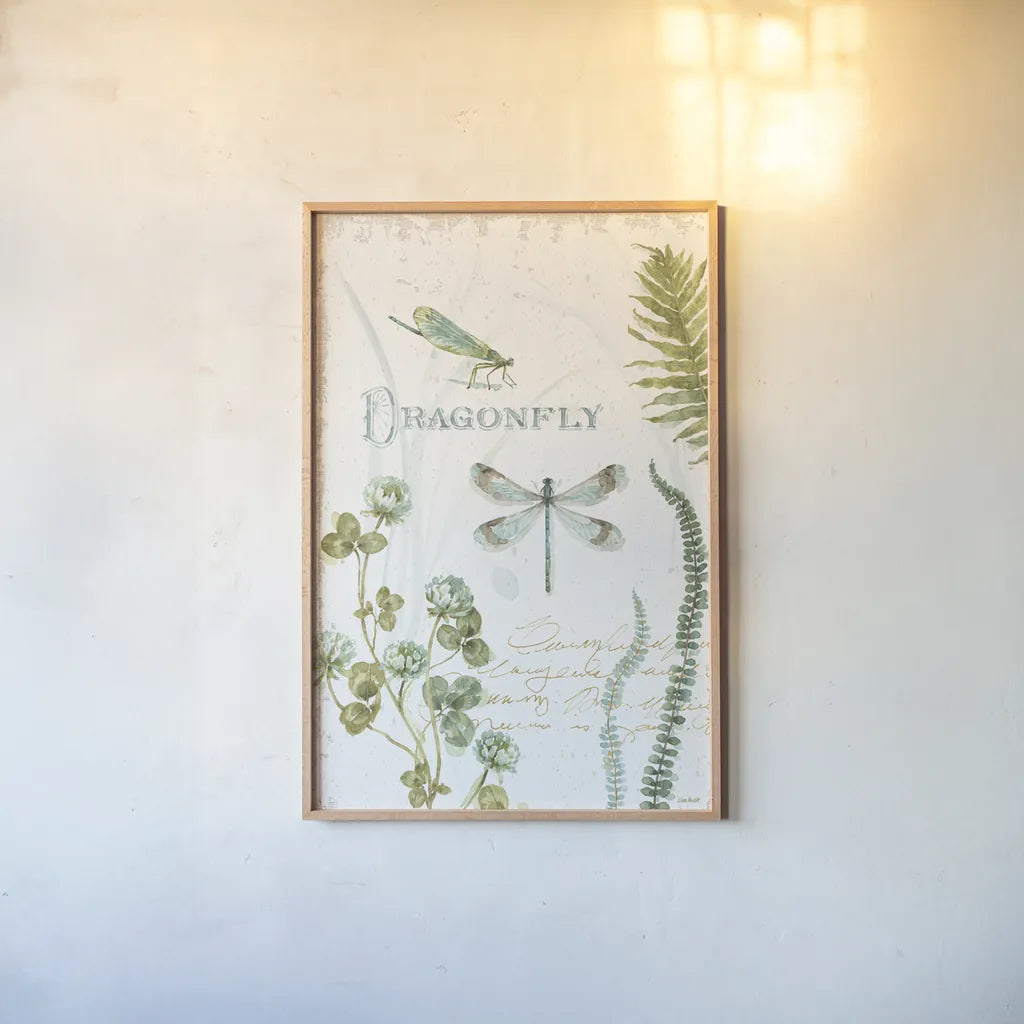 My Greenhouse Botanical Dragonfly by Lisa Audit. shown as a paper print in a natural frame. Available as a archival giclee rolled canvas, fine art paper, or poster print. SKU 63181h.