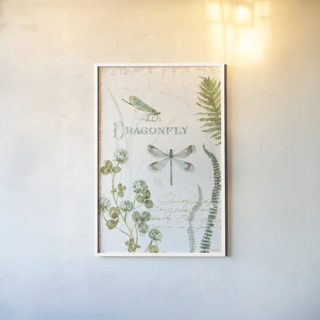 My Greenhouse Botanical Dragonfly by Lisa Audit. shown as a paper print in a white frame. Available as a archival giclee rolled canvas, fine art paper, or poster print. SKU 63181h.