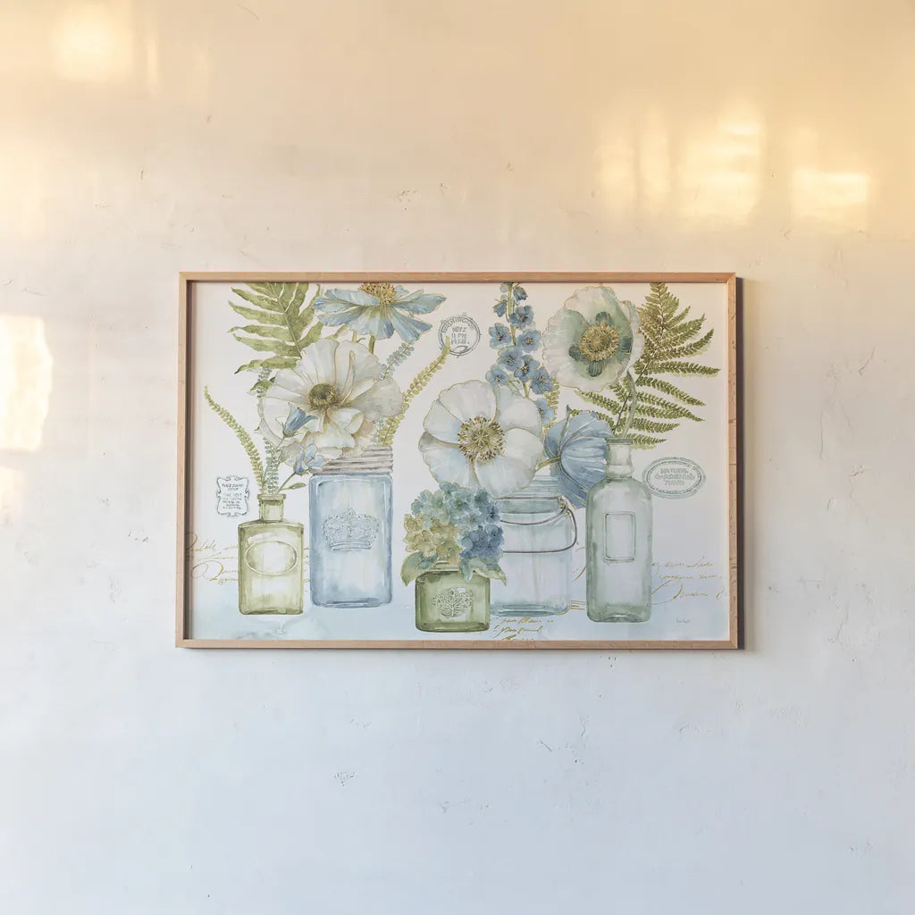 My Greenhouse Bouquet I by Lisa Audit. shown as a paper print in a natural frame. Available as a archival giclee rolled canvas, fine art paper, or poster print. SKU 23442i.