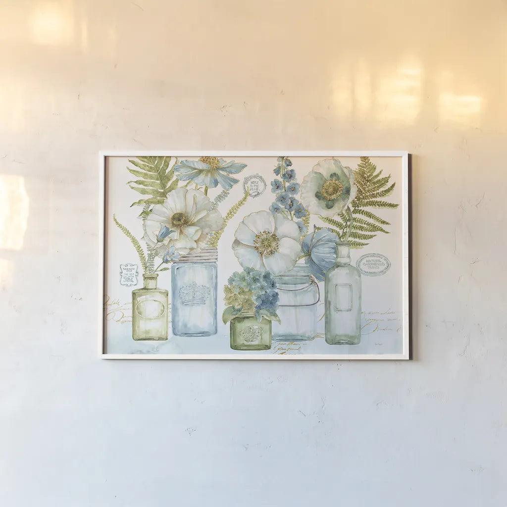 My Greenhouse Bouquet I by Lisa Audit. shown as a paper print in a white frame. Available as a archival giclee rolled canvas, fine art paper, or poster print. SKU 23442i.