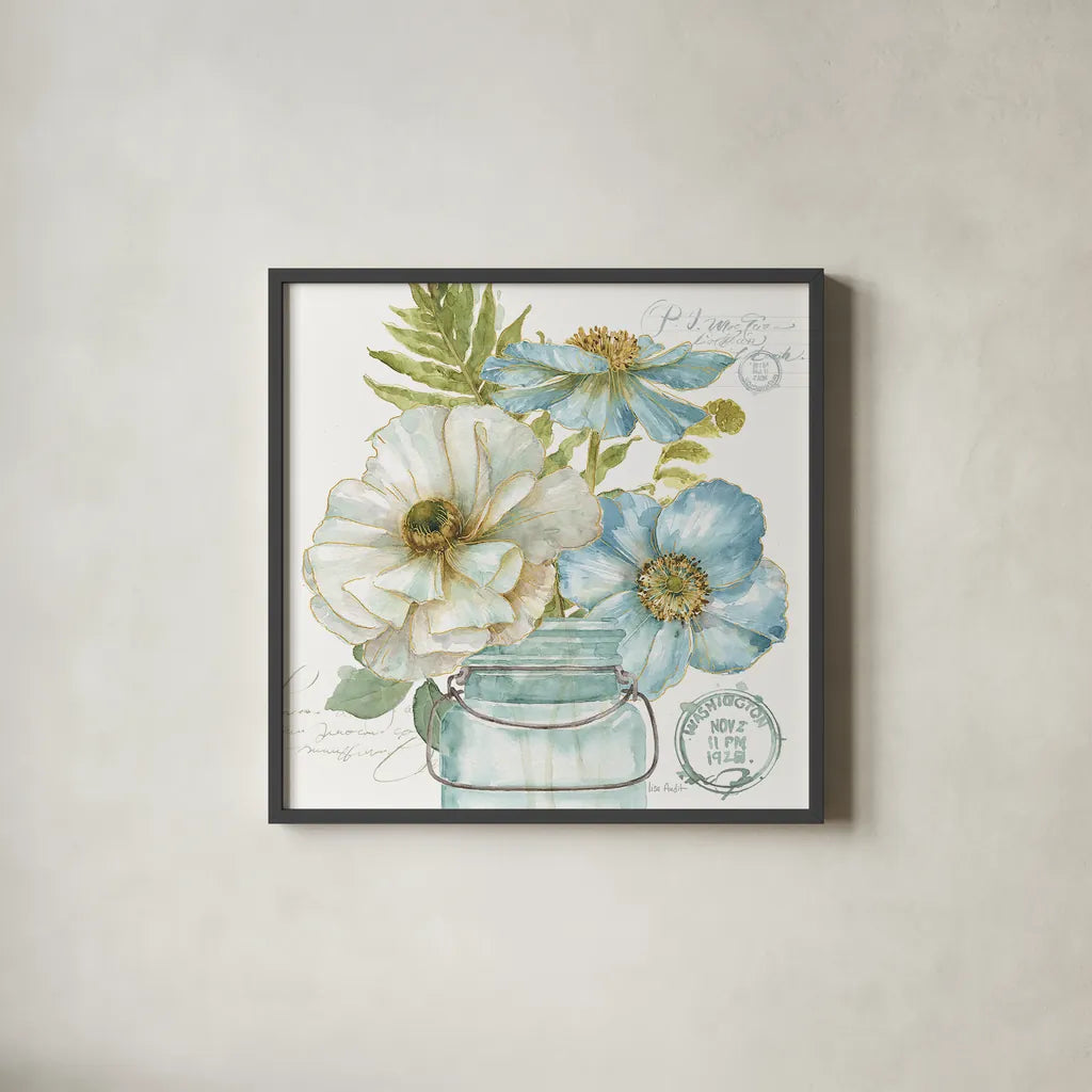 My Greenhouse Bouquet II by Lisa Audit. Shown in a sleek black glass frame for a contemporary gallery look. Available as an archival giclee rolled canvas, fine art paper, or poster print. SKU 23443a.