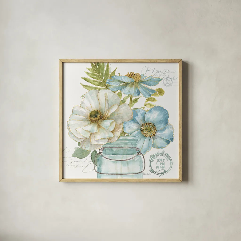 My Greenhouse Bouquet II by Lisa Audit. Shown in a natural wood glass frame for a timeless modern aesthetic. Available as an archival giclee rolled canvas, fine art paper, or poster print. SKU 23443a.