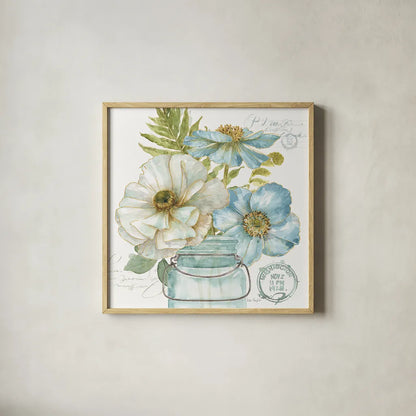 My Greenhouse Bouquet II by Lisa Audit. Shown in a natural wood glass frame for a timeless modern aesthetic. Available as an archival giclee rolled canvas, fine art paper, or poster print. SKU 23443a.