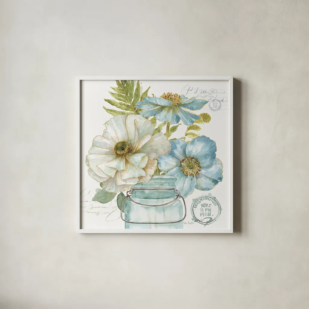 My Greenhouse Bouquet II by Lisa Audit. Shown in a crisp white glass frame for a clean and minimalist style. Available as an archival giclee rolled canvas, fine art paper, or poster print. SKU 23443a.