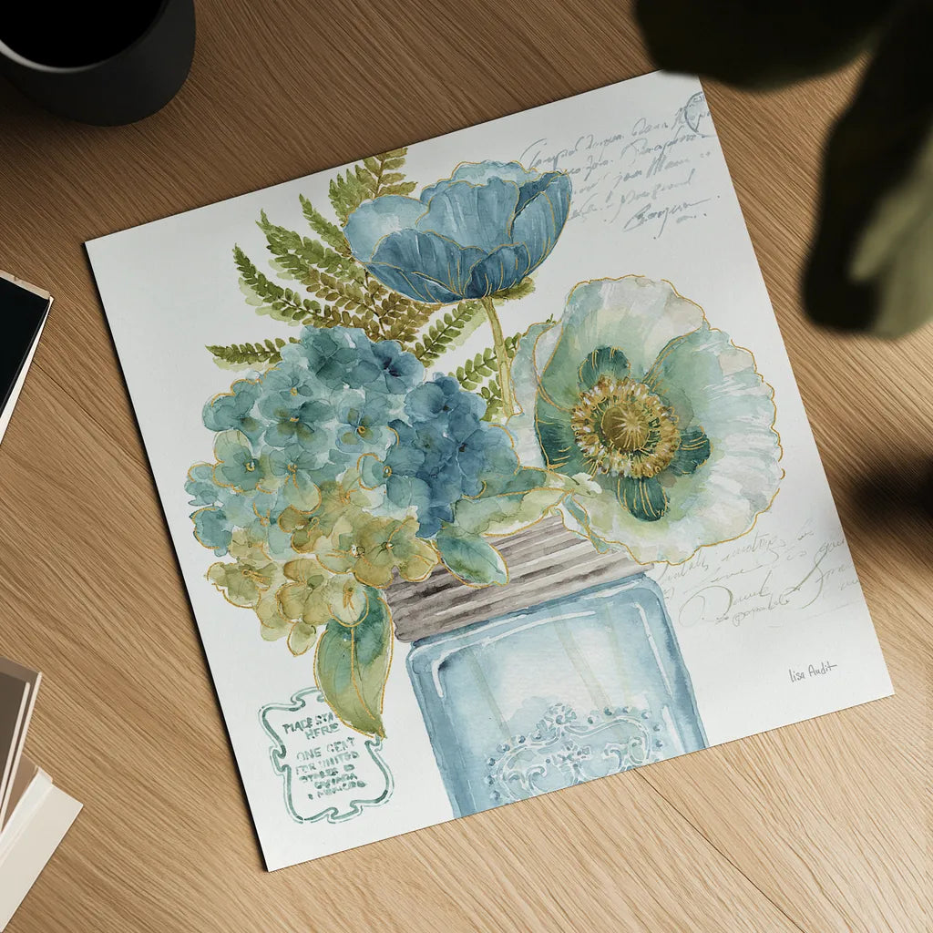 My Greenhouse Bouquet III by Lisa Audit. Shown as a detailed flat fine art print, highlighting archival giclee quality. Available as an archival giclee rolled canvas, fine art paper, or poster print. SKU 23444a.