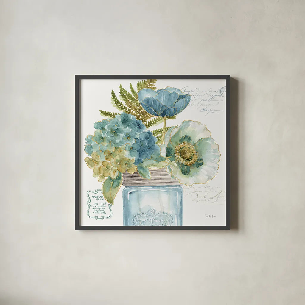 My Greenhouse Bouquet III by Lisa Audit. Shown in a sleek black glass frame for a contemporary gallery look. Available as an archival giclee rolled canvas, fine art paper, or poster print. SKU 23444a.