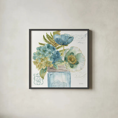 My Greenhouse Bouquet III by Lisa Audit. Shown in a sleek black glass frame for a contemporary gallery look. Available as an archival giclee rolled canvas, fine art paper, or poster print. SKU 23444a.