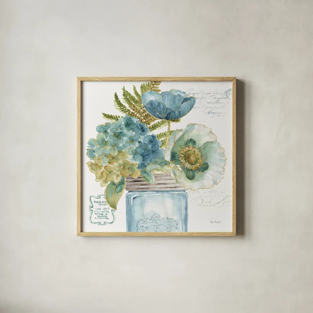 My Greenhouse Bouquet III by Lisa Audit. Shown in a natural wood glass frame for a timeless modern aesthetic. Available as an archival giclee rolled canvas, fine art paper, or poster print. SKU 23444a.