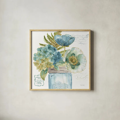 My Greenhouse Bouquet III by Lisa Audit. Shown in a natural wood glass frame for a timeless modern aesthetic. Available as an archival giclee rolled canvas, fine art paper, or poster print. SKU 23444a.