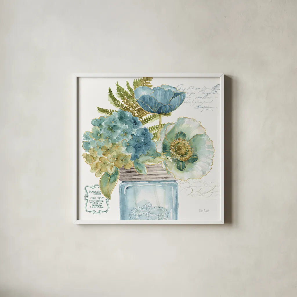 My Greenhouse Bouquet III by Lisa Audit. Shown in a crisp white glass frame for a clean and minimalist style. Available as an archival giclee rolled canvas, fine art paper, or poster print. SKU 23444a.