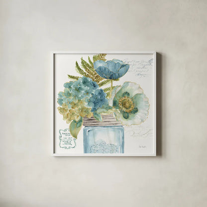 My Greenhouse Bouquet III by Lisa Audit. Shown in a crisp white glass frame for a clean and minimalist style. Available as an archival giclee rolled canvas, fine art paper, or poster print. SKU 23444a.