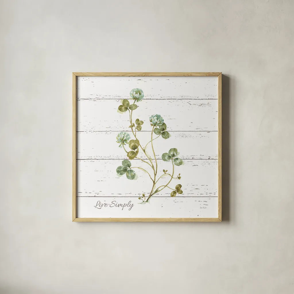 My Greenhouse Clove Live Simply Square by Lisa Audit. Shown in a natural wood glass frame for a timeless modern aesthetic. Available as an archival giclee rolled canvas, fine art paper, or poster print. SKU 54115a.