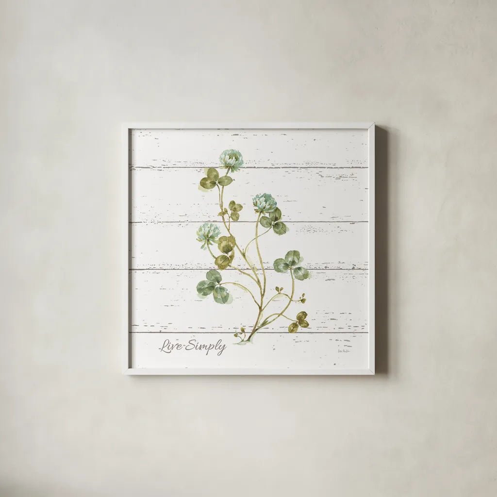 My Greenhouse Clove Live Simply Square by Lisa Audit. Shown in a crisp white glass frame for a clean and minimalist style. Available as an archival giclee rolled canvas, fine art paper, or poster print. SKU 54115a.