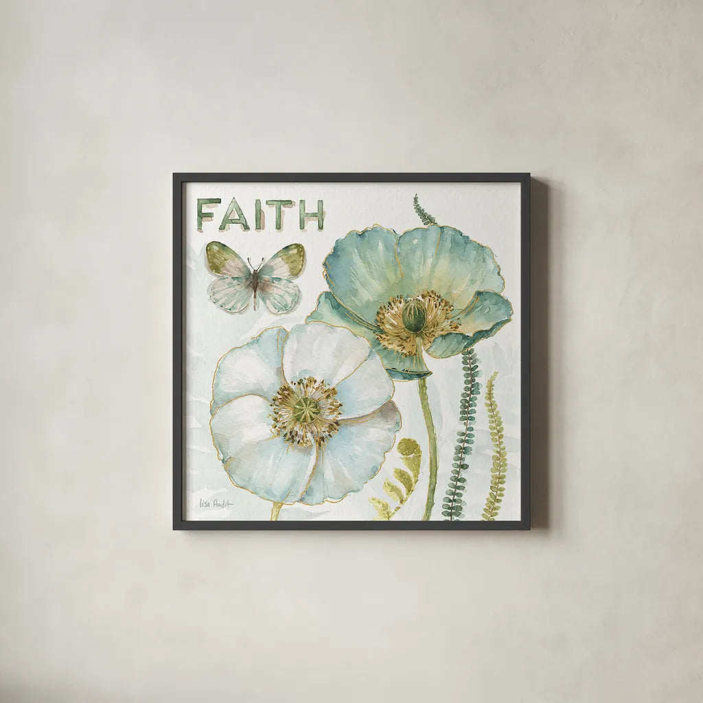 My Greenhouse Flowers Faith by Lisa Audit. Shown in a sleek black glass frame for a contemporary gallery look. Available as an archival giclee rolled canvas, fine art paper, or poster print. SKU 20949a.