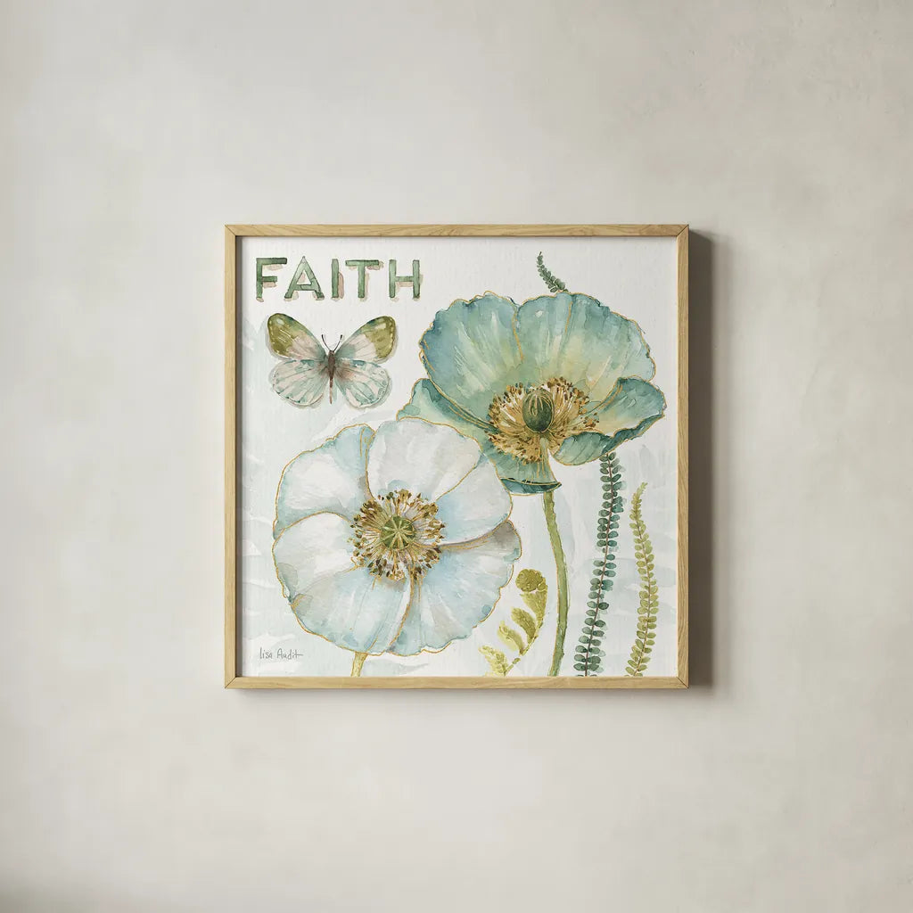 My Greenhouse Flowers Faith by Lisa Audit. Shown in a natural wood glass frame for a timeless modern aesthetic. Available as an archival giclee rolled canvas, fine art paper, or poster print. SKU 20949a.