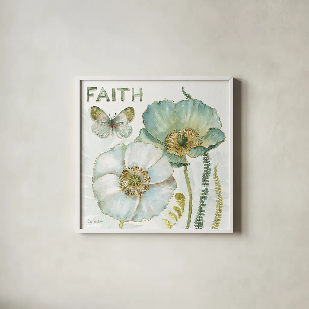 My Greenhouse Flowers Faith by Lisa Audit. Shown in a crisp white glass frame for a clean and minimalist style. Available as an archival giclee rolled canvas, fine art paper, or poster print. SKU 20949a.