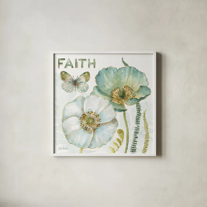 My Greenhouse Flowers Faith by Lisa Audit. Shown in a crisp white glass frame for a clean and minimalist style. Available as an archival giclee rolled canvas, fine art paper, or poster print. SKU 20949a.