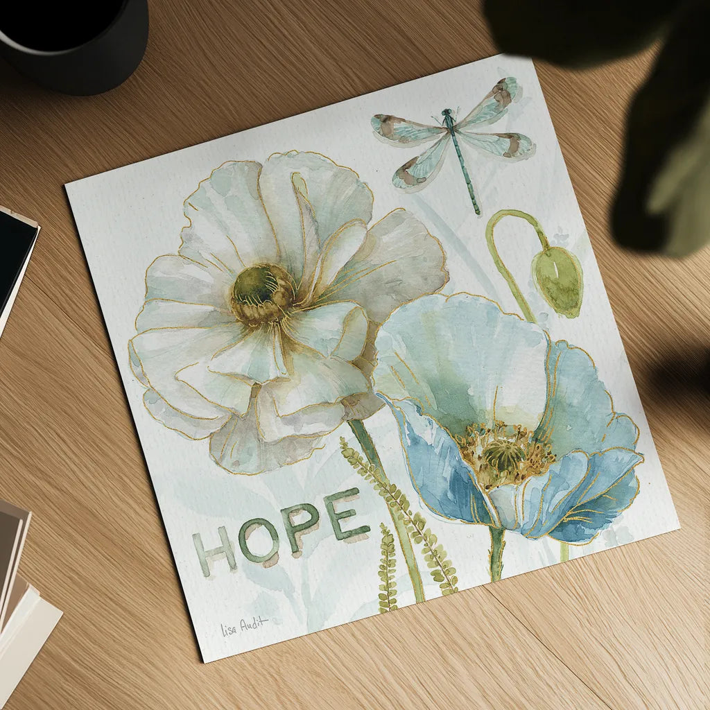 My Greenhouse Flowers Hope by Lisa Audit. Shown as a detailed flat fine art print, highlighting archival giclee quality. Available as an archival giclee rolled canvas, fine art paper, or poster print. SKU 20950a.