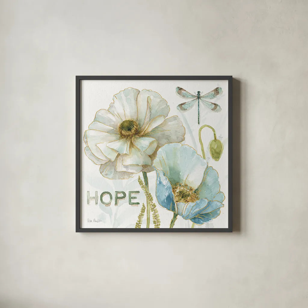 My Greenhouse Flowers Hope by Lisa Audit. Shown in a sleek black glass frame for a contemporary gallery look. Available as an archival giclee rolled canvas, fine art paper, or poster print. SKU 20950a.