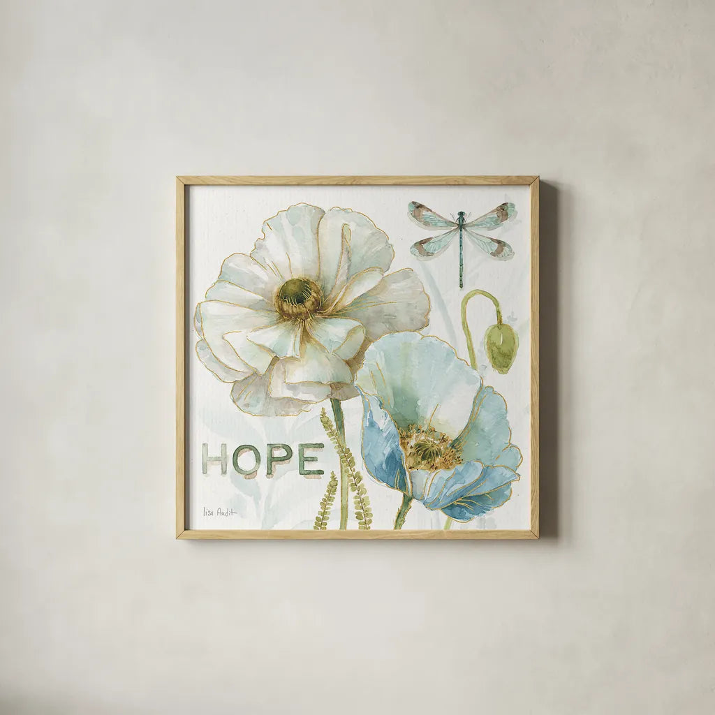 My Greenhouse Flowers Hope by Lisa Audit. Shown in a natural wood glass frame for a timeless modern aesthetic. Available as an archival giclee rolled canvas, fine art paper, or poster print. SKU 20950a.