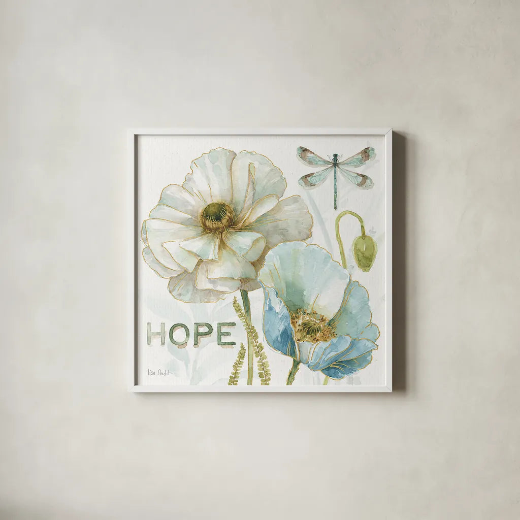 My Greenhouse Flowers Hope by Lisa Audit. Shown in a crisp white glass frame for a clean and minimalist style. Available as an archival giclee rolled canvas, fine art paper, or poster print. SKU 20950a.
