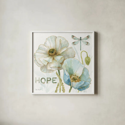 My Greenhouse Flowers Hope by Lisa Audit. Shown in a crisp white glass frame for a clean and minimalist style. Available as an archival giclee rolled canvas, fine art paper, or poster print. SKU 20950a.