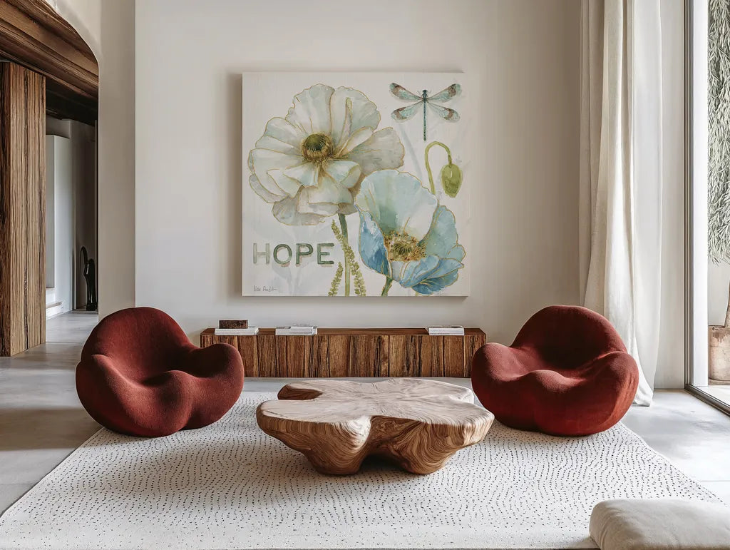My Greenhouse Flowers Hope by Lisa Audit. Shown as extra-large giant wall art in a modern living room. Available as an archival giclee rolled canvas, fine art paper, or poster print. SKU 20950a.