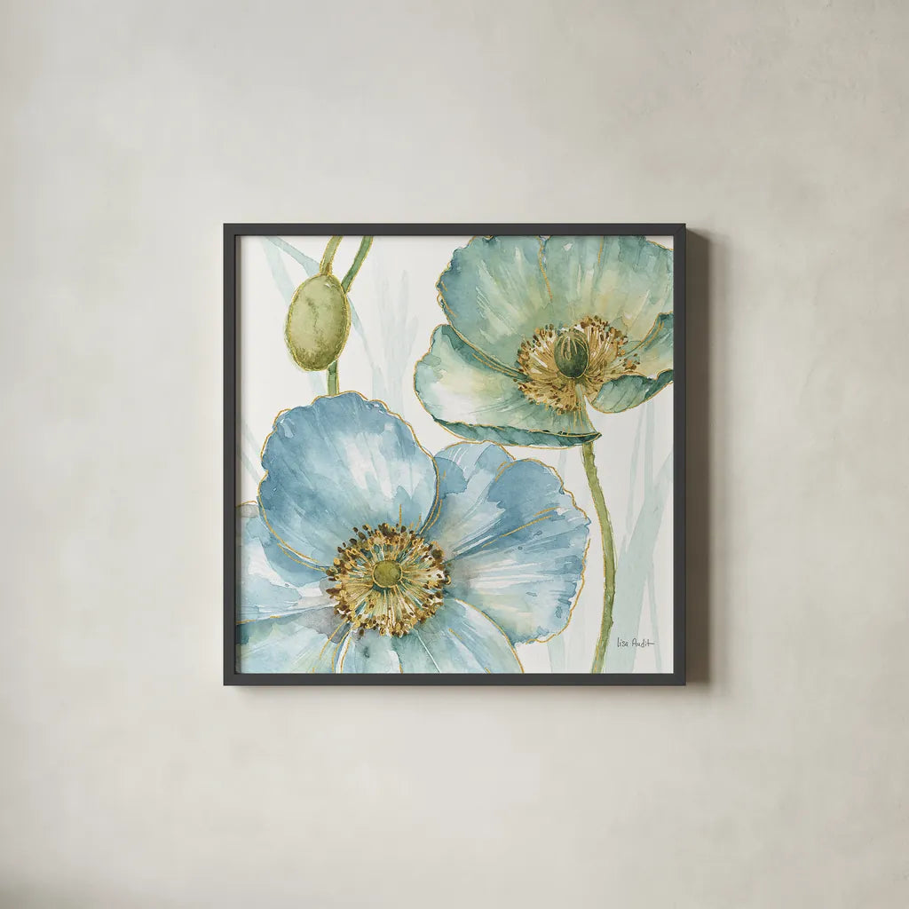 My Greenhouse Flowers II by Lisa Audit. Shown in a sleek black glass frame for a contemporary gallery look. Available as an archival giclee rolled canvas, fine art paper, or poster print. SKU 20392a.
