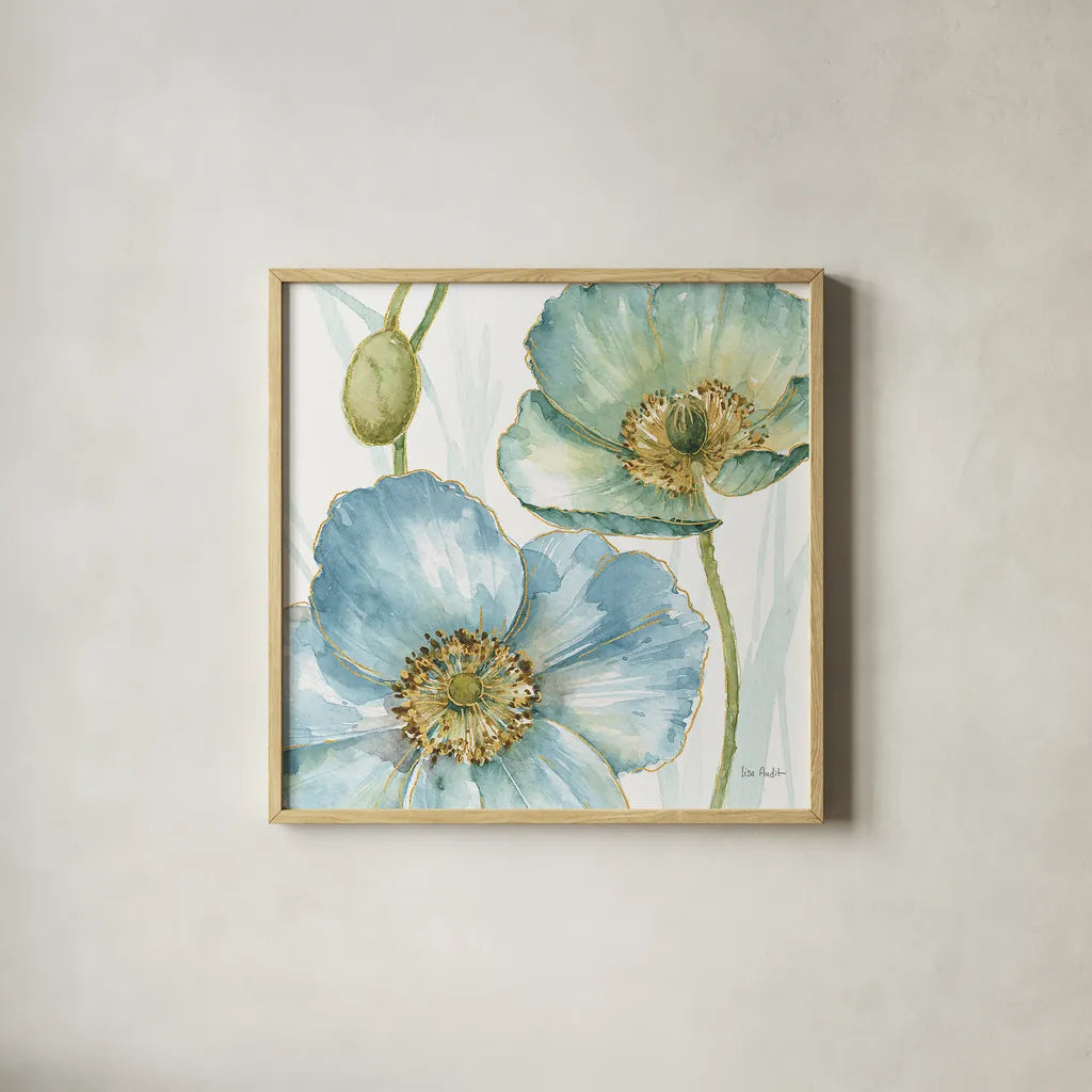 My Greenhouse Flowers II by Lisa Audit. Shown in a natural wood glass frame for a timeless modern aesthetic. Available as an archival giclee rolled canvas, fine art paper, or poster print. SKU 20392a.